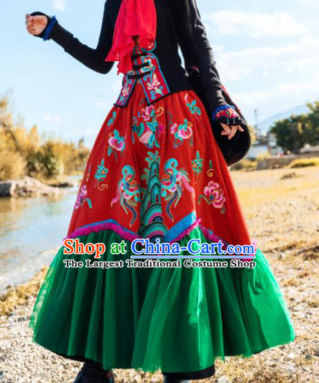 Chinese Traditional Embroidered Red Skirt National Bust Skirt Costumes for Women