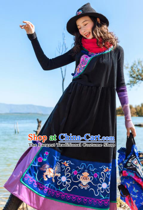 Chinese Traditional Embroidered Black Vest Dress National Cheongsam Costumes for Women