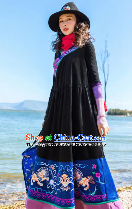 Chinese Traditional Embroidered Black Vest Dress National Cheongsam Costumes for Women