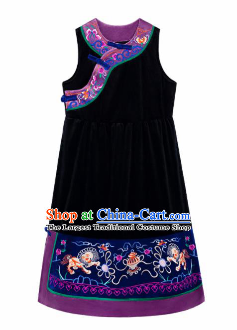 Chinese Traditional Embroidered Black Vest Dress National Cheongsam Costumes for Women