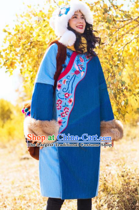 Chinese Traditional Embroidered Blue Corduroy Cotton Padded Coat National Overcoat Costumes for Women