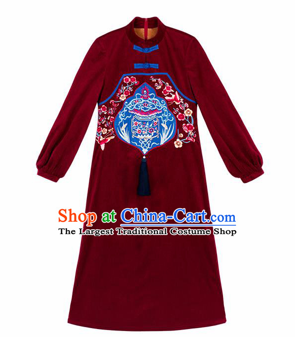 Chinese Traditional Embroidered Wine Red Corduroy Dress National Tang Suit Costumes for Women