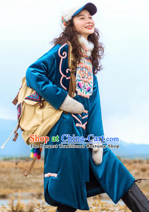 Chinese Traditional Winter Embroidered Blue Dust Coat National Tang Suit Overcoat Costumes for Women