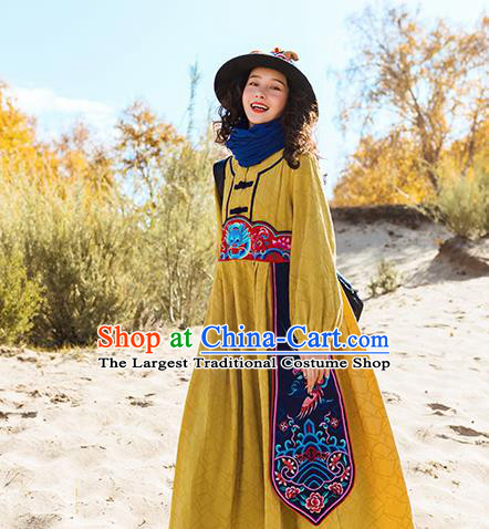 Chinese Traditional Embroidered Dragon Yellow Dress National Tang Suit Costumes for Women