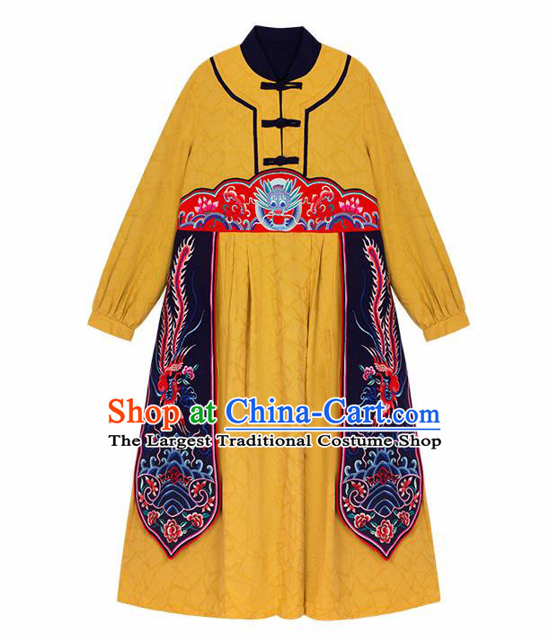 Chinese Traditional Embroidered Dragon Yellow Dress National Tang Suit Costumes for Women
