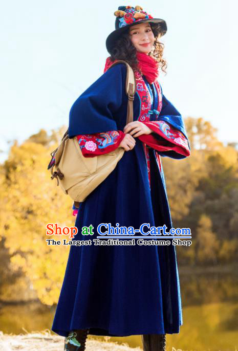 Chinese Traditional Winter Embroidered Navy Woolen Dust Coat National Tang Suit Overcoat Costumes for Women