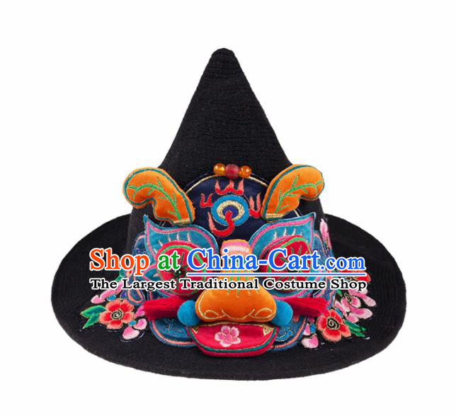 Chinese Traditional Embroidered Tiger Black Hat National Wizard Hat for Women