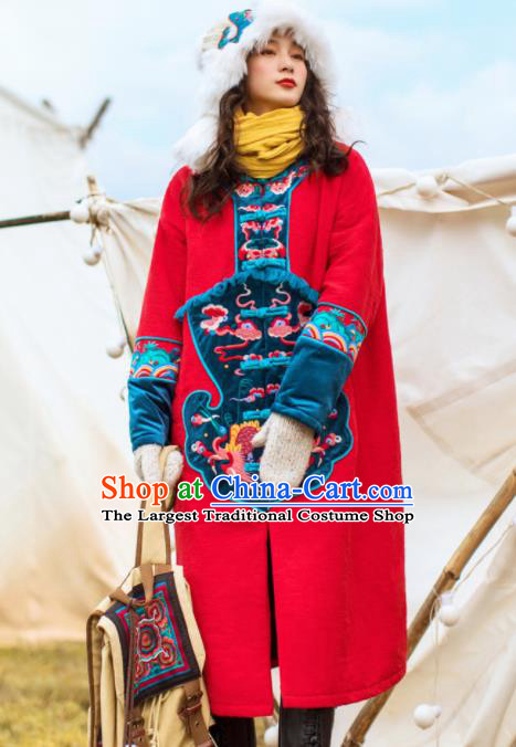 Chinese Traditional Winter Embroidered Phoenix Red Dust Coat National Tang Suit Overcoat Costumes for Women