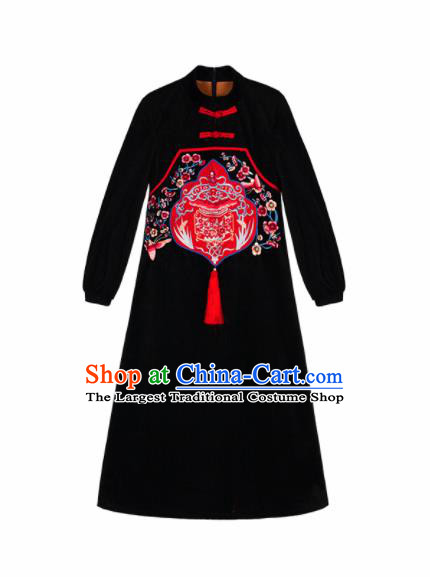 Chinese Traditional Embroidered Black Corduroy Dress National Tang Suit Costumes for Women