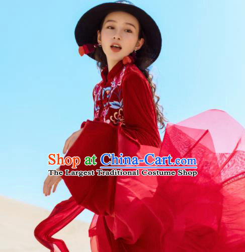 Chinese Traditional Embroidered Wine Red Qipao Dress National Tang Suit Costumes for Women