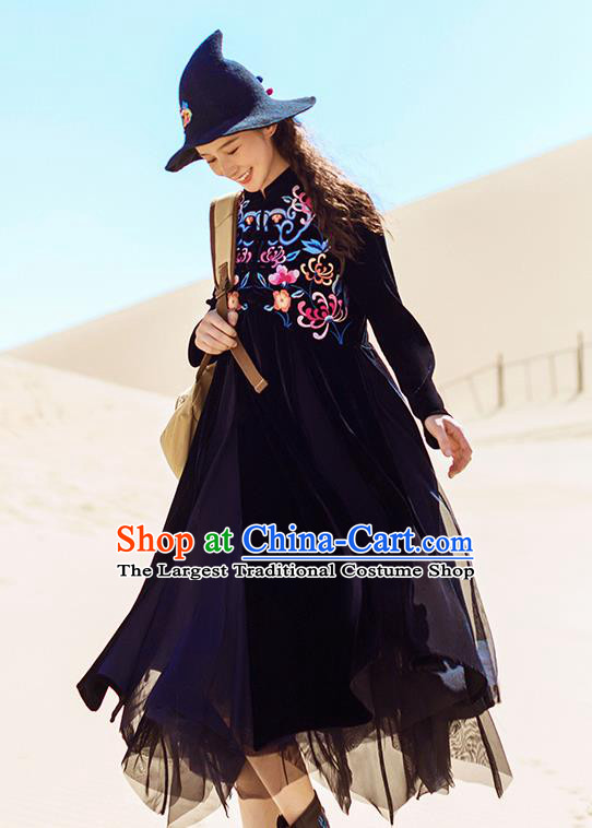 Chinese Traditional Embroidered Black Qipao Dress National Tang Suit Costumes for Women