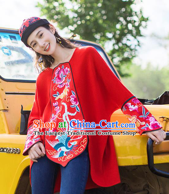 Chinese Traditional Embroidered Red Blouse National Upper Outer Garment Tang Suit Shirt Costume for Women