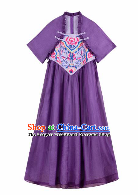 Chinese Traditional Embroidered Peony Purple Qipao Dress National Tang Suit Cheongsam Costumes for Women