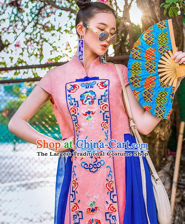 Chinese Traditional Embroidered Bats Pink Qipao Dress National Tang Suit Cheongsam Costumes for Women
