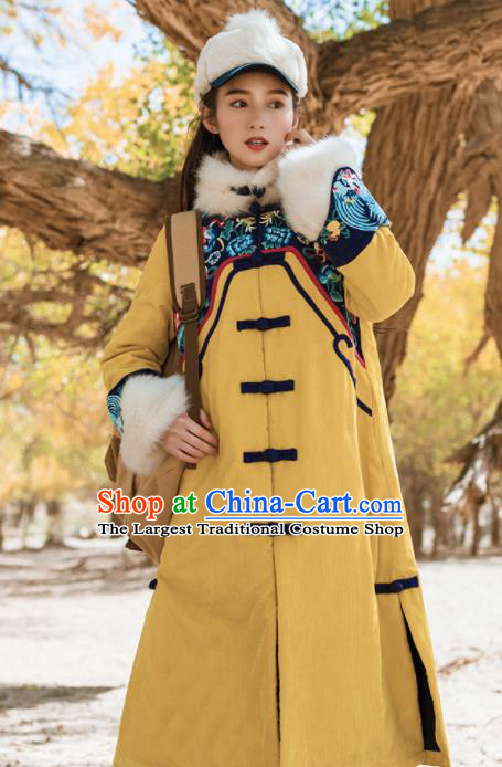 Chinese Traditional Winter Embroidered Yellow Cotton Padded Coat National Tang Suit Overcoat Costumes for Women