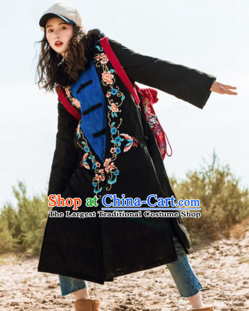 Chinese Traditional Winter Embroidered Black Cotton Padded Coat National Tang Suit Overcoat Costumes for Women