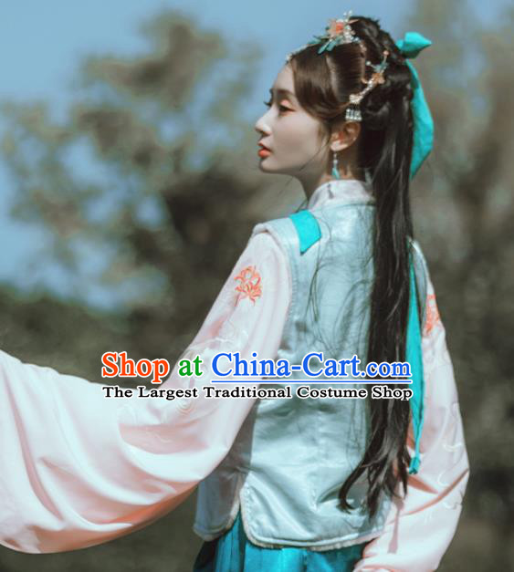Chinese Traditional Embroidered Blue Vest National Upper Outer Garment Tang Suit Costume for Women