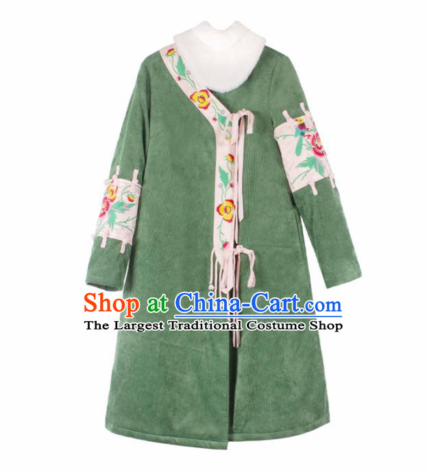 Chinese Traditional Winter Embroidered Green Corduroy Cotton Padded Coat National Tang Suit Overcoat Costumes for Women
