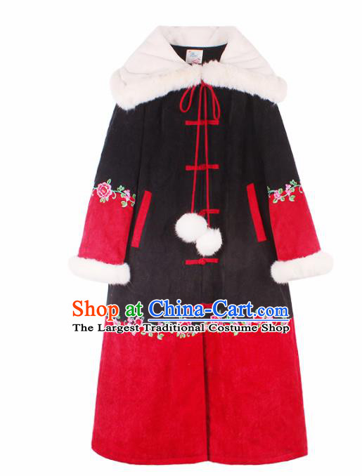 Chinese Traditional Winter Embroidered Hooded Cotton Padded Coat National Tang Suit Overcoat Costumes for Women