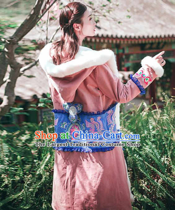 Chinese Traditional Winter Embroidered Hooded Pink Cotton Padded Coat National Tang Suit Overcoat Costumes for Women