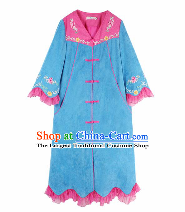 Chinese Traditional Winter Embroidered Blue Cotton Padded Coat National Tang Suit Overcoat Costumes for Women