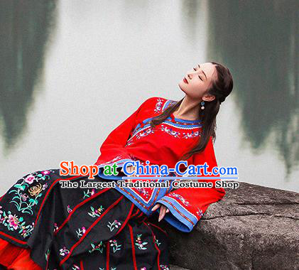 Chinese Traditional Embroidered Red Shirt National Upper Outer Garment Tang Suit Costume for Women