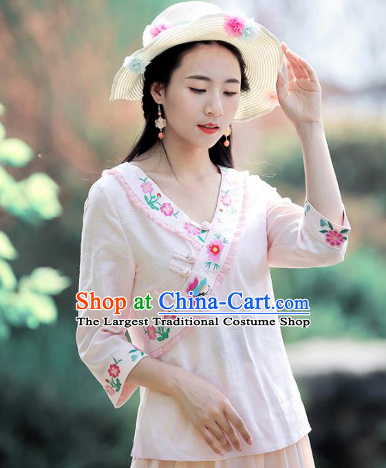 Chinese Traditional Embroidered White Shirt National Upper Outer Garment Tang Suit Costume for Women