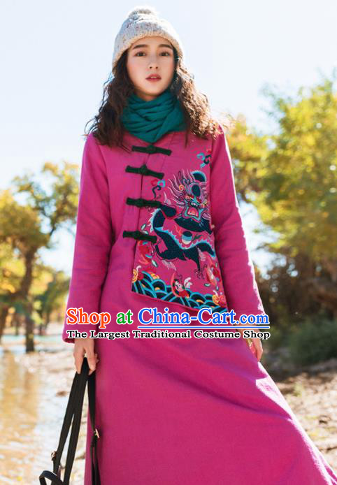 Chinese Traditional Winter Embroidered Rosy Cotton Padded Dust Coat National Tang Suit Overcoat Costumes for Women