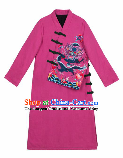 Chinese Traditional Winter Embroidered Rosy Cotton Padded Dust Coat National Tang Suit Overcoat Costumes for Women