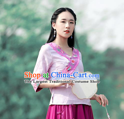 Chinese Traditional Embroidered Light Purple Shirt National Upper Outer Garment Tang Suit Costume for Women