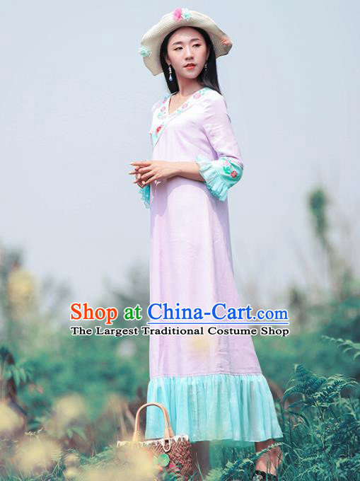 Chinese Traditional Embroidered Lilac Dress National Tang Suit Cheongsam Costumes for Women