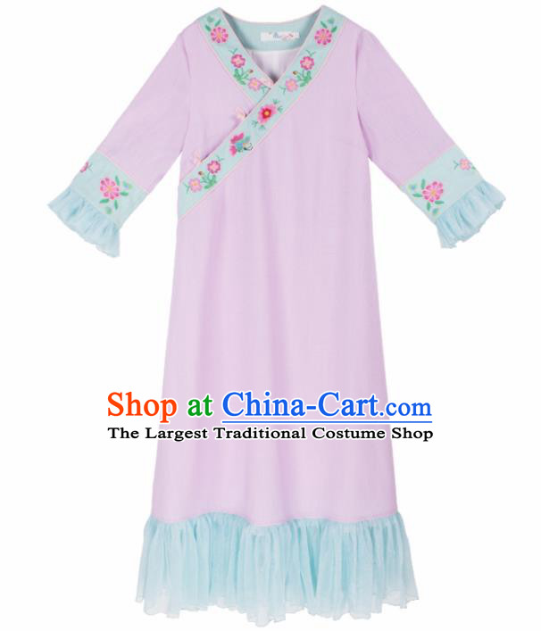 Chinese Traditional Embroidered Lilac Dress National Tang Suit Cheongsam Costumes for Women