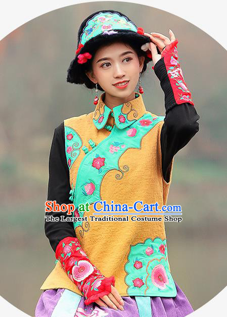 Chinese Traditional Embroidered Yellow Vest National Upper Outer Garment Tang Suit Costume for Women