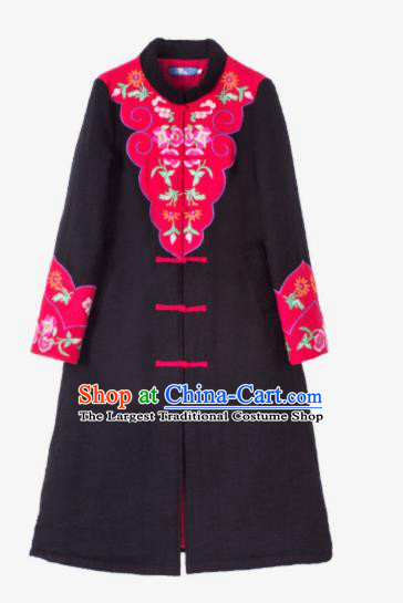Chinese Traditional Winter Embroidered Black Cotton Padded Coat National Tang Suit Overcoat Costumes for Women
