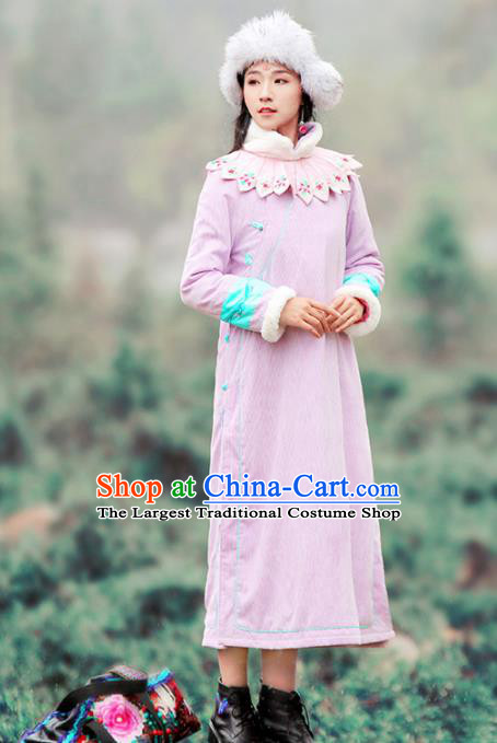 Chinese Traditional Embroidered Lilac Qipao Dress National Tang Suit Cheongsam Costumes for Women