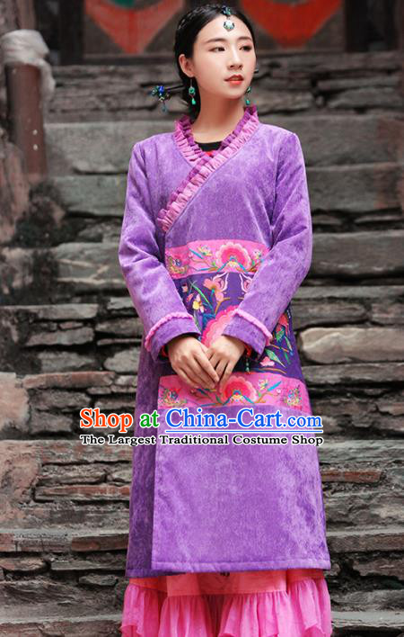 Chinese Traditional Winter Embroidered Purple Cotton Padded Coat National Tang Suit Overcoat Costumes for Women