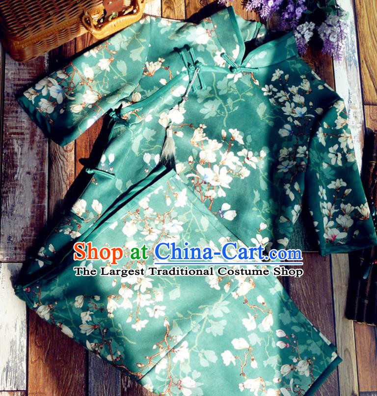 Chinese Traditional Printing Magnolia Green Qipao Dress National Tang Suit Cheongsam Costumes for Women