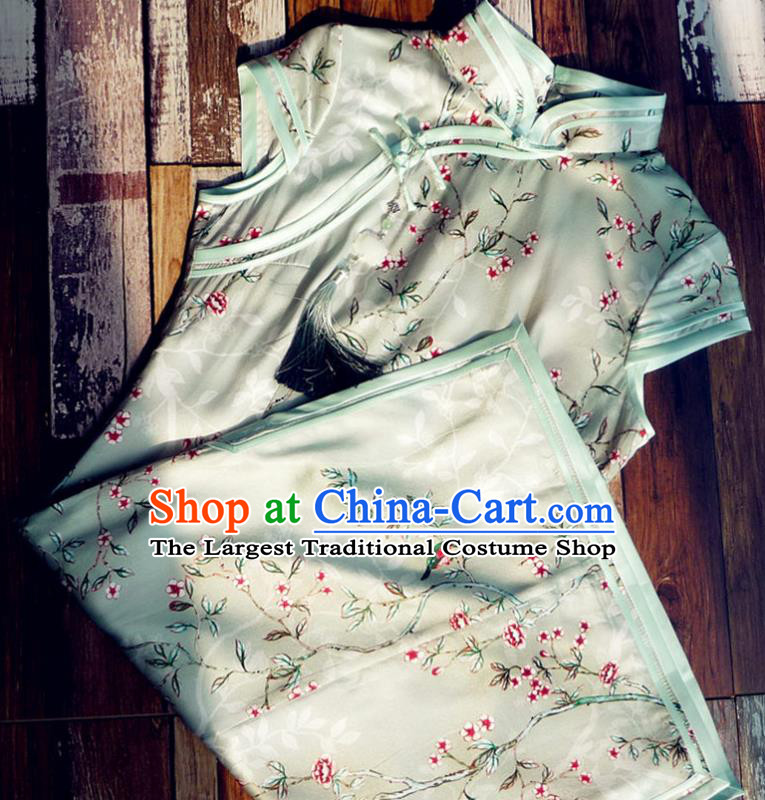 Chinese Traditional Printing Light Green Silk Qipao Dress National Tang Suit Cheongsam Costumes for Women