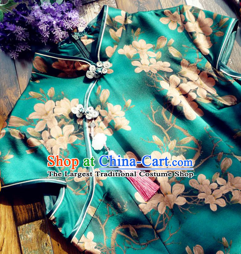 Chinese Traditional Printing Magnolia Deep Green Silk Qipao Dress National Tang Suit Cheongsam Costumes for Women