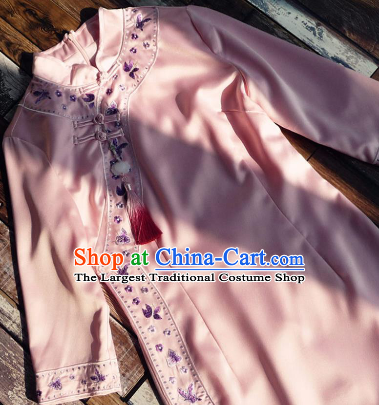 Chinese Traditional Embroidered Pink Qipao Dress National Tang Suit Cheongsam Costumes for Women