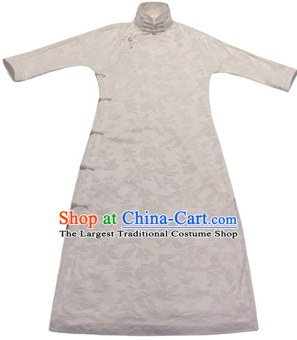 Chinese Traditional Jacquard White Silk Qipao Dress National Tang Suit Cheongsam Costumes for Women