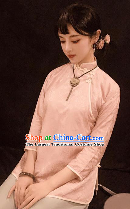 Chinese Traditional Jacquard Pink Shirt National Upper Outer Garment Tang Suit Blouse Costume for Women
