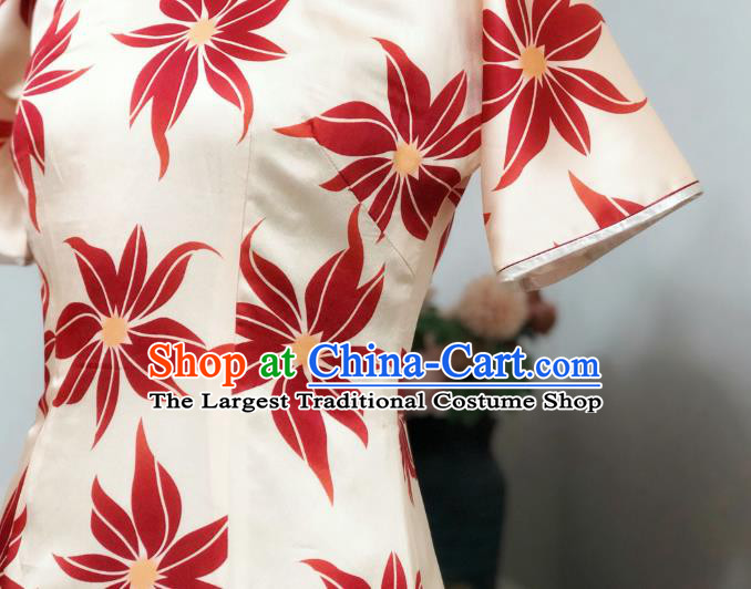 Chinese Traditional Printing Maple Leaf Qipao Dress National Tang Suit Cheongsam Costumes for Women