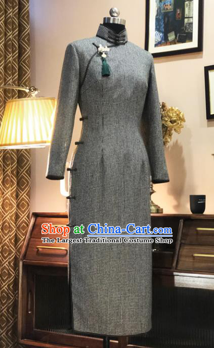 Chinese Traditional Grey Woolen Qipao Dress National Tang Suit Cheongsam Costumes for Women