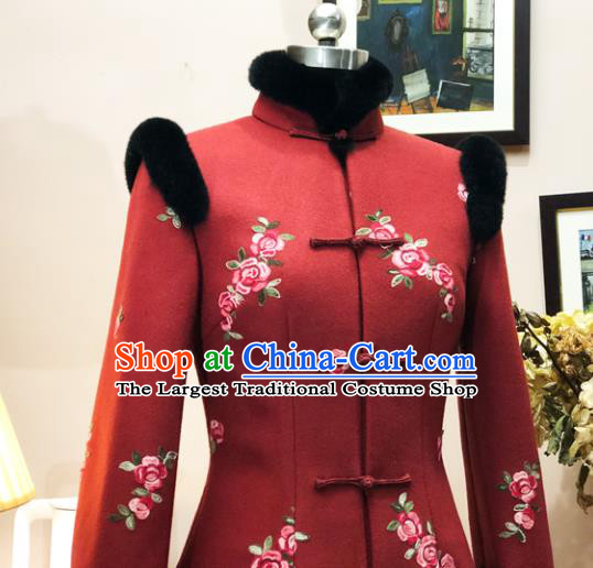 Chinese Traditional Winter Embroidered Red Cotton Padded Coat National Tang Suit Overcoat Costumes for Women