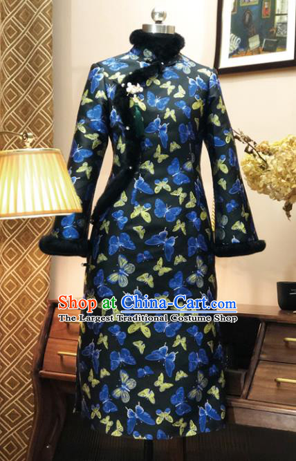Chinese Traditional Butterfly Pattern Black Qipao Dress National Tang Suit Cheongsam Costumes for Women