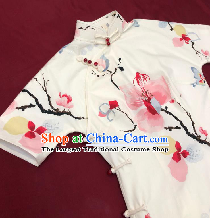 Chinese Traditional Printing White Qipao Dress National Tang Suit Cheongsam Costumes for Women