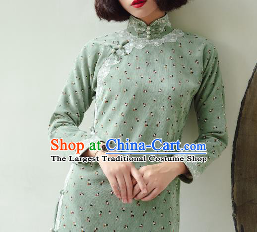 Chinese Traditional Green Corduroy Qipao Dress National Tang Suit Cheongsam Costumes for Women