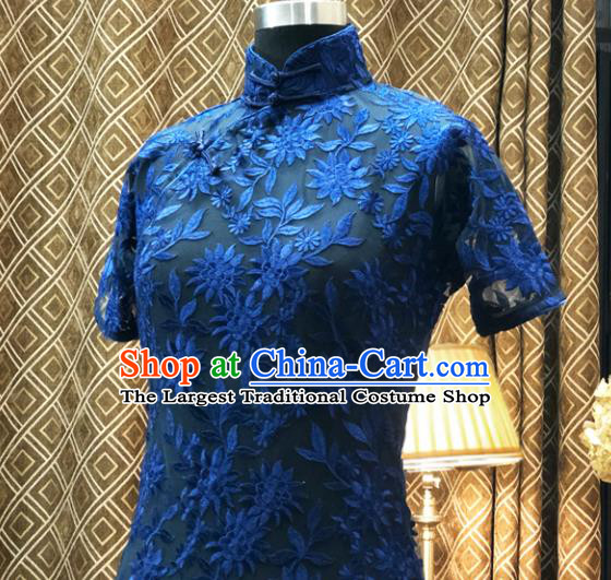 Chinese Traditional Embroidered Blue Lace Qipao Dress National Tang Suit Cheongsam Costumes for Women