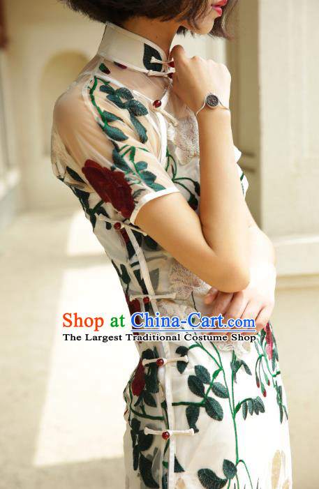 Chinese Traditional Embroidered Peony White Qipao Dress National Tang Suit Cheongsam Costumes for Women